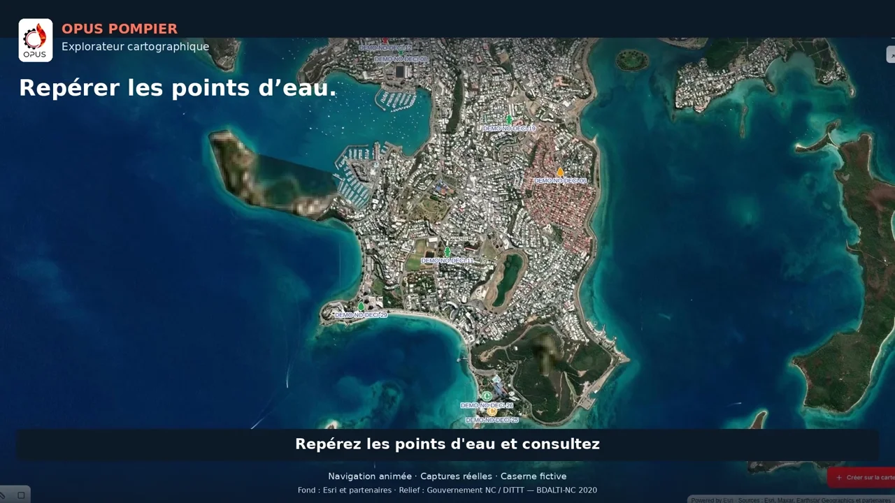 Explorateur OPUS Pompier : points d’eau fictifs affichés sur une carte de Nouméa